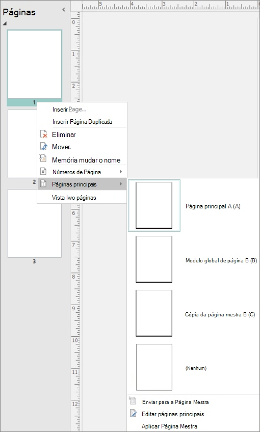 Uma imagem mostra a opção de menu de atalho selecionada para páginas master com opções de página principal disponíveis.