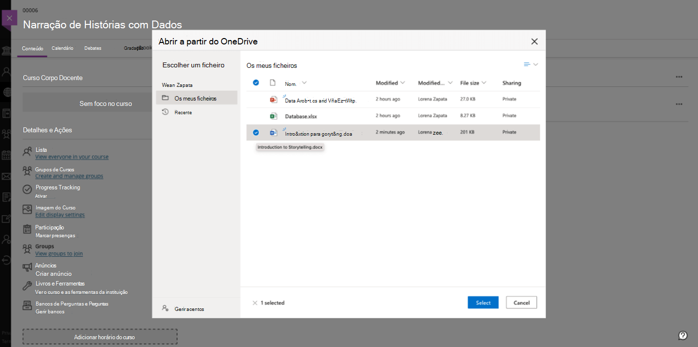 Captura de ecrã de um curso do Blackboard a adicionar ficheiros a partir do OneDrive.