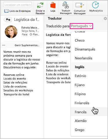 Utilize o menu pendente para selecionar o idioma para o qual vai traduzir a sua mensagem