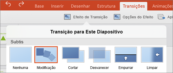 Mostra a transição Modificar no menu Transições no PowerPoint 2016 para iPad