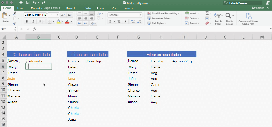 Captura de ecrã do Excel com dados utilizando matrizes dinâmicas