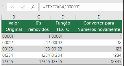 Exemplos de utilização da fórmula TEXTO para formatar zeros à esquerda.  =TEXTO(A2;"00000")