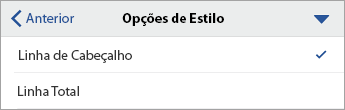 Comando Opções de Estilo expandido, com Linha de Cabeçalho selecionada.