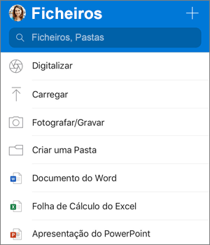 Captura de ecrã a mostrar o menu Adicionar na aplicação OneDrive para iOS