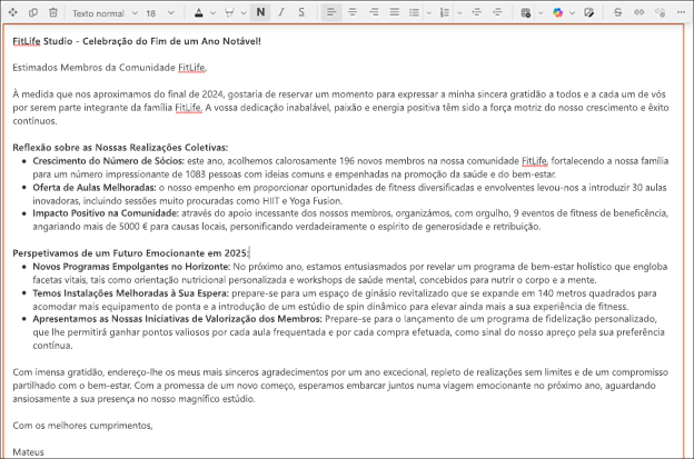 Captura de ecrã de um texto mais longo sugerido pelo copiloto no editor de texto formatado do sharepoint