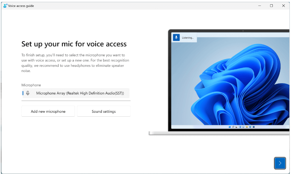 Configure o microfone para a janela de acesso por voz, pedindo-lhe que selecione o microfone que pretende utilizar