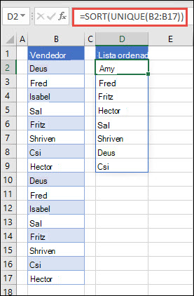 Utilizar EXCLUSIVOS com ORDENAR para devolver uma lista de nomes por ordem ascendente