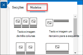 captura de ecrã do painel adicionar modelo de secção