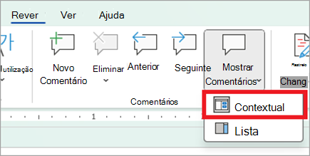 Mudar para a vista contextual com o botão Mostrar Comentários no separador rever