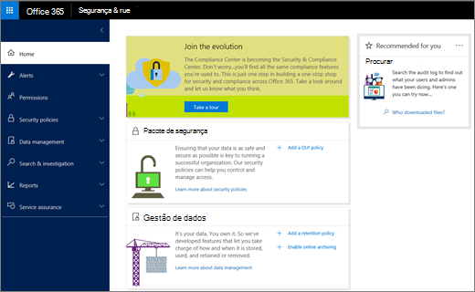 Captura de ecrã a mostrar a home page do Centro de Conformidade e Segurança do Office 365.