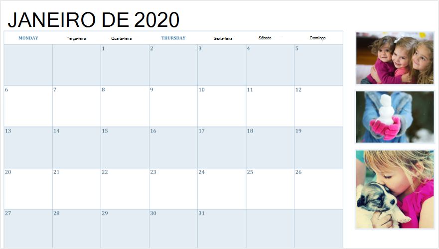 Imagem de um calendário de janeiro de 2020 com fotografias