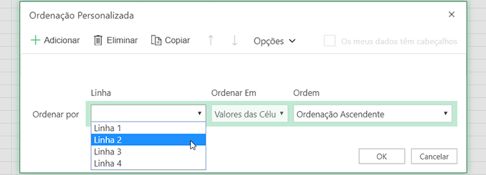 O menu pendente da linha na caixa de diálogo da ordenação personalizada está aberto ao selecionar "Ordenar da esquerda para a direita".