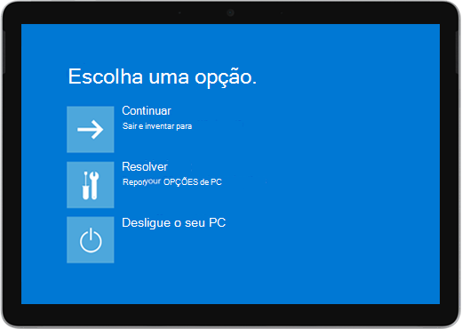 Um ecrã azul com opções para continuar, resolver problemas ou desligar o PC.