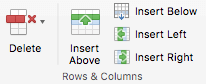 Botões no friso para editar linhas e colunas da tabela