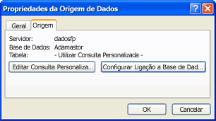 Caixa de diálogo Propriedades da Origem de Dados com o botão Editar Consulta Personalizada