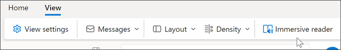 Captura de ecrã da parte superior do Outlook web a mostrar o separador Ver selecionado e o rato a pairar sobre a leitura imersiva