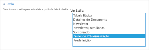 Opções de estilos na página Definições de vista