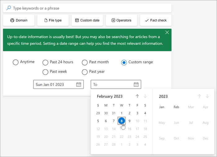 Captura de ecrã da ferramenta de seleção de datas depois de selecionar o intervalo personalizado