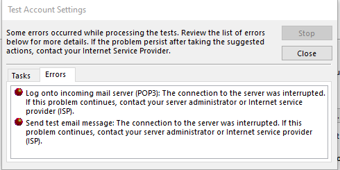 Captura de ecrã do separador Erros na janela Testar Definições da Conta - POP3
