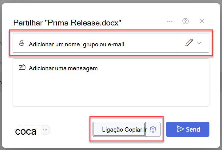 captura de ecrã de duas opções de partilha: copiar ligação e adicionar pessoas.