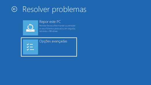 Ecrã de resolução de problemas no Ambiente de Recuperação do Windows.