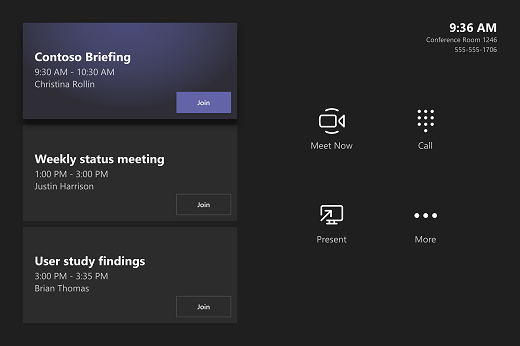 Uma consola de sala de reuniões com três reuniões: Briefing Contoso, Reunião de estado semanal e Relatório de estudo de utilizador do cliente.