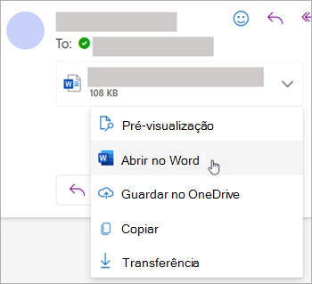 Captura de ecrã a mostrar o menu pendente para abrir um anexo no Word