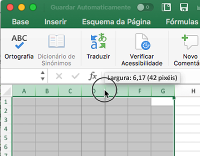 Captura de ecrã a mostrar como utilizar o rato para redimensionar a largura das colunas no Excel