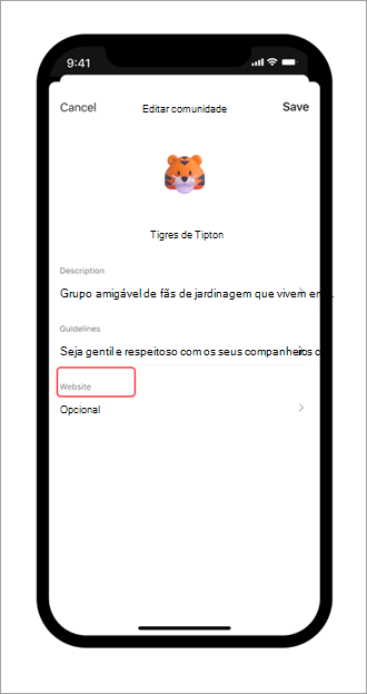 Captura de ecrã a mostrar a página editar comunidade e o botão para adicionar um site da comunidade no Microsoft Teams (gratuito) num dispositivo móvel.