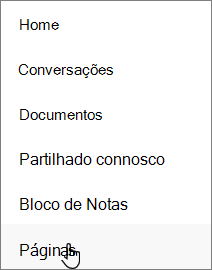 O painel de navegação esquerdo no SharePoint, com a opção Páginas selecionada