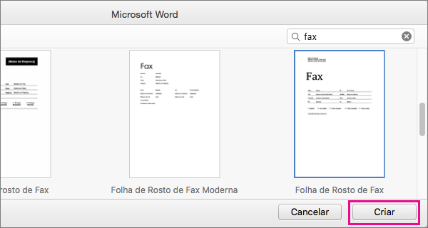 Para criar uma folha de rosto de fax, procure "fax", selecione um modelo e clique em Criar.