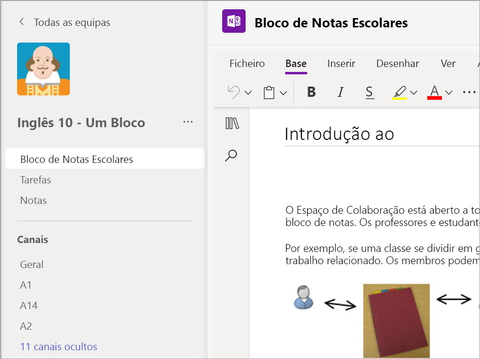 Captura de ecrã da página de destino do separador Blocos de Notas Escolares numa turma do Microsoft Teams para Educação