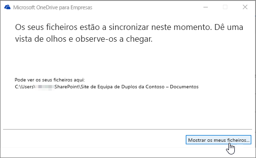 OneDrive For Business sync dialog Mostrar o botão My Files realçado.