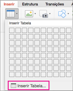 Opção de menu Inserir Tabela