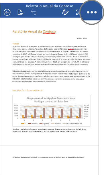 Captura de ecrã a mostrar um ficheiro no Word para dispositivos iOS, com o ícone Mais realçado.