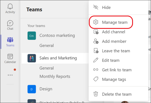 Efetue a gestão de equipas no Teams.