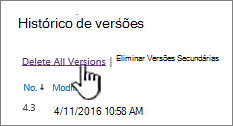 Caixa de diálogo Versão, com a opção Eliminar todas as versões realçada