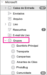 Grupos listados no painel de pastas do Outlook 2016 para Mac