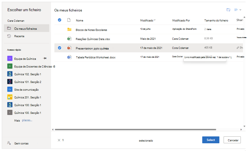 Anexe um documento do OneDrive a uma lista de Materiais do Curso Schoology.