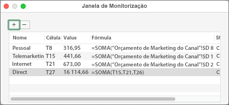 Janela de Monitorização no Excel 2021 para Mac a apresentar o Nome, Célula, Valor e Fórmula