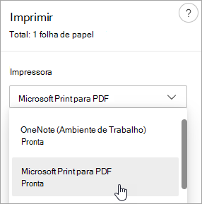 Captura de ecrã a mostrar a seleção de Imprimir para PDF da Microsoft