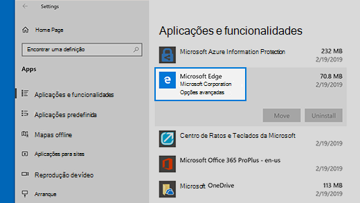 Opções avançadas do Microsoft Edge para repor