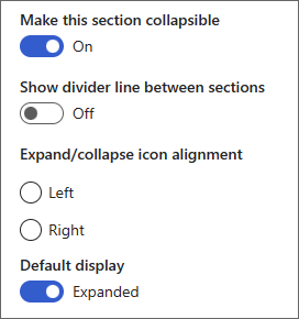 Captura de ecrã a mostrar as opções para secções minimizáveis na caixa de ferramentas Secção.