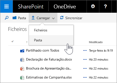 Captura de ecrã a mostrar a opção para carregar uma pasta do OneDrive para Empresas no SharePoint Server 2016 com o Pacote de Funcionalidades 1