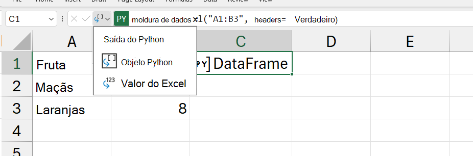 O menu de saída do Python aberto no Excel.