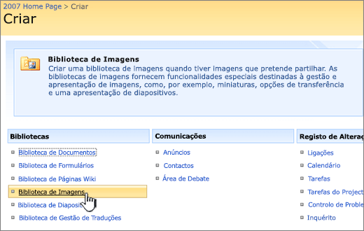 Selecionando biblioteca de imagens a partir da lista de bibliotecas sob criação