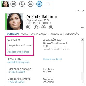 Captura de ecrã do contacto LyncRápico e cartão de contacto com calendário e agendar reunião destacado