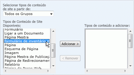 Interface de utilizador do SharePoint para adicionar tipos de conteúdos