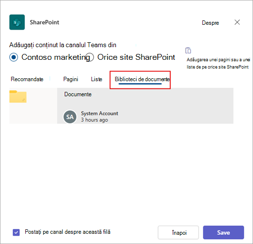 Adăugați o bibliotecă de documente SharePoint în Teams.