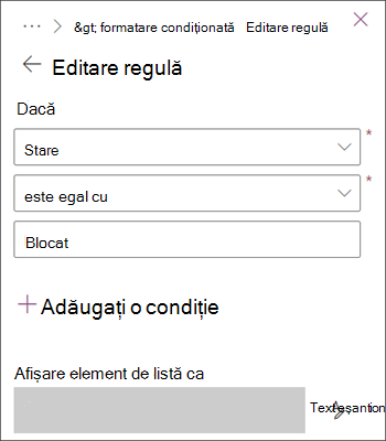 Imagine cu o regulă care evidențiază elementele cu starea Blocat